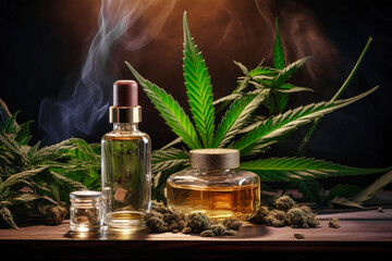 Green leaves of medicinal cannabis with oil extract. Medical marijuana flower buds. medical marijuana concept. Essential oils from cannabis.