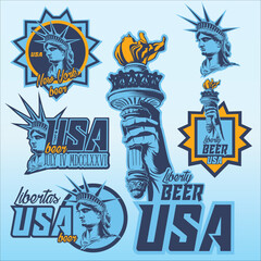 Simplistic vector illustration, labels for beverage of a man holding a torch representing liberty © Alan