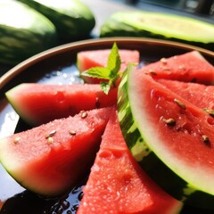 plate of fresh sliced watermelon. Generative AI