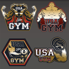 Vector illustration of muscular body building gym labels
