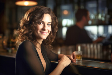 A woman sits at a bar with a glass of cocktail in a luxurious interior. Night lights and twilight. Blurred background. Beautiful lady behind the bar.