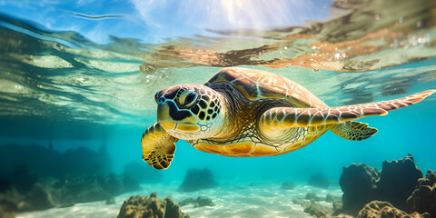 green turtle swimming,Serene Green Turtle Swimming in Clear Waters