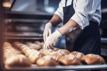 Obraz premium A worker in a bakery puts bread in the oven. Bread production enterprise. Bakery. Close-up.