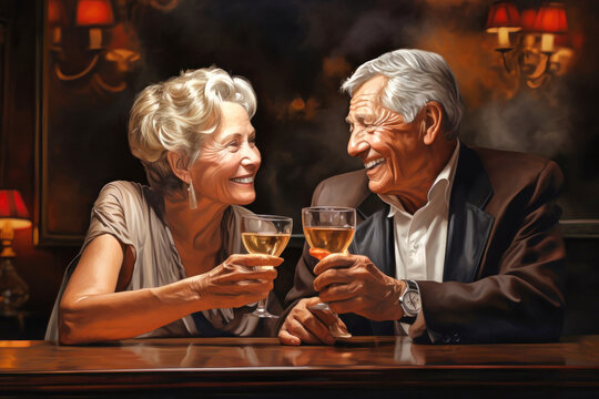 Radiant with love and joy, this charming senior couple shares heartfelt smiles in a cozy bar, creating a timeless image of happiness and lasting connection.