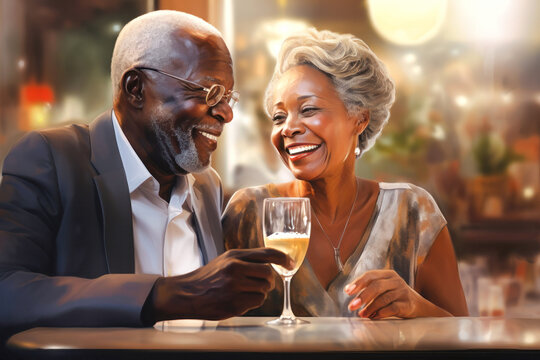 Radiant with love and joy, this charming dark-skinned senior couple shares heartfelt smiles in a cozy bar, creating a timeless image of happiness and lasting connection.