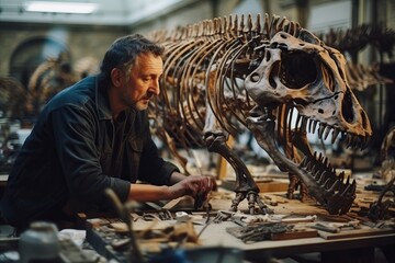 Artisan working with dinosaur skeleton at the flea market in Paris