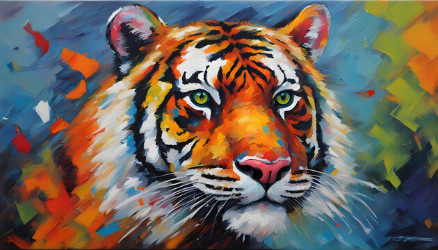 Realistic modern oil painting of tiger cartoon, Colorful tiger with splashes of colorful paint, Animal head, portrait art  Colorful abstract oil acrylic painting of colorful tiger