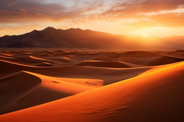 Fototapeta na wymiar A mesmerizing play of light and shadow on a vast desert, as the sun sets behind a distant mountain range