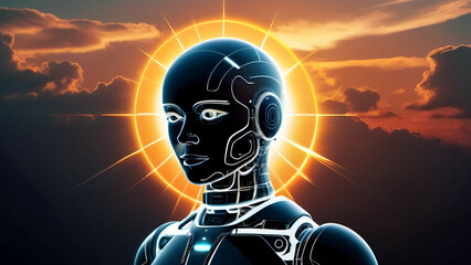 3d rendering of a female robot in front of a sunset background. AI generated