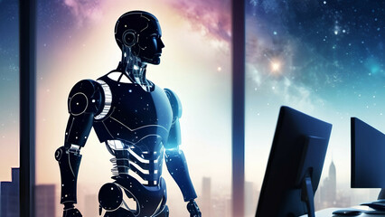 Cyborg humanoid working with computer in office. 3D rendering. AI generated