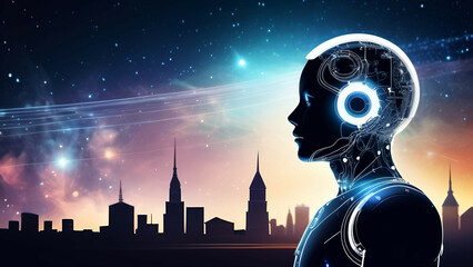 3D rendering humanoid robot with circuit brain against night cityscape background. AI generated