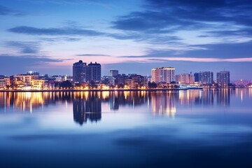 Vibrant reflections of a cityscape in the calm waters of a river during the magical blue hour