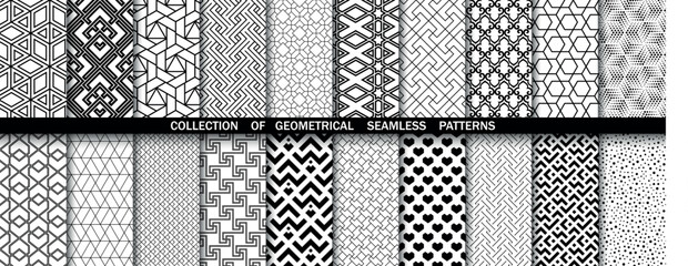 Geometric set of seamless black and white patterns. Simple vector graphics