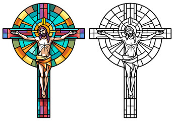 Crucifix with Presents Coloring Page and Cover Design Vector in Stained Glass Style on a White Background