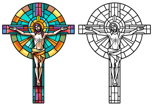 Crucifix with Presents Coloring Page and Cover Design Vector in Stained Glass Style on a White Background