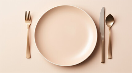 Clean empty beige plate with knife and fork
