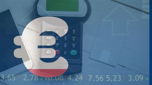 Animation of euro sign and financial data processing over payment terminal