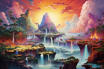 A surreal landscape of floating islands suspended in a vibrant, multicolored sky, with waterfalls cascading into the void below