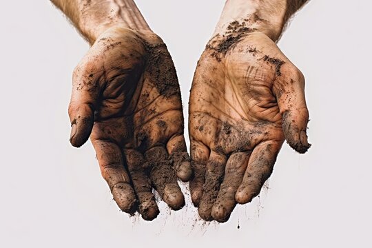 Dirty hands concept. Hands of person are prominently featured showcasing dirt mud and grime. Close up shot emphasizes rugged nature of worker hands suggesting engagement in laborious or outdoor