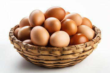 Basket full of chicken eggs, on an isolated white background, generative AI