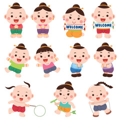 A charming and colorful cartoon-style illustration featuring children dressed in traditional Thai clothing.