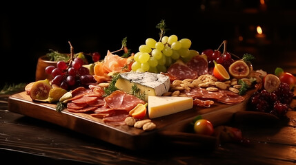 Charcuterie board with delicious appetizers, including grapes, cheese and meat varieties.