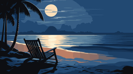 minimalistic vector portrayal of a tranquil beach at night, with moonlight casting a soft glow on the sand, and a solitary beach chair facing the ocean. moonlit beach blues, sandy
