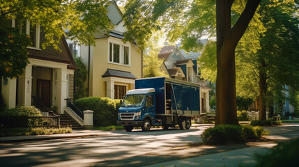 Blue package delivery box truck parked on a residential street.