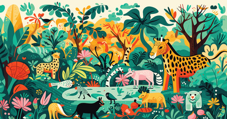 vector illustration depicting a wild jungle adventure populated by doodle animals, plants, and explorers, playful jungle setting