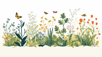 vector artwork inspired by the concept of biodiversity. The subject, an array of diverse flora and fauna, occupies a clean background.