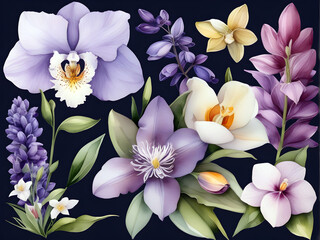 Colorful flowers painted with watercolors on a white background.