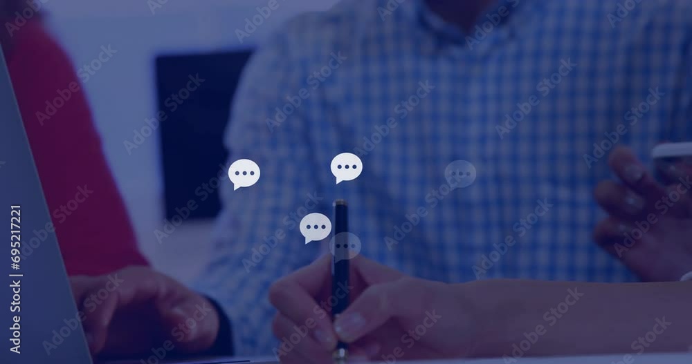 Poster animation of network of connections with icons over caucasian man using smartphone