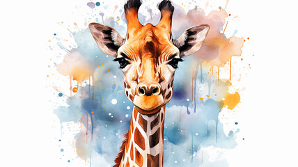 giraffe portrait, watercolor illustration on a white background, liquid paint spots, print for design