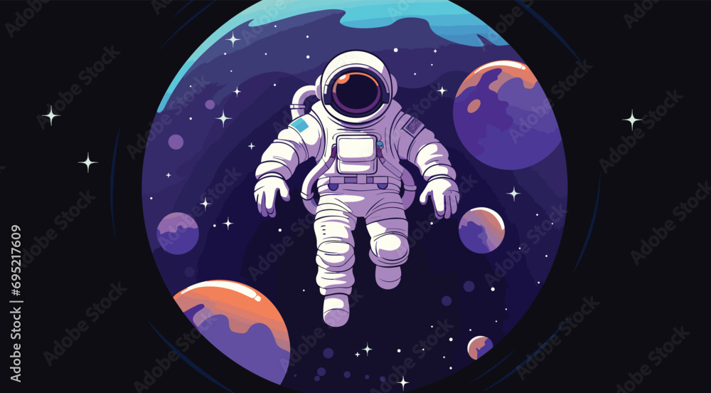 Wall mural space exploration vector vector illustration of an astronaut floating in space with the earth in the