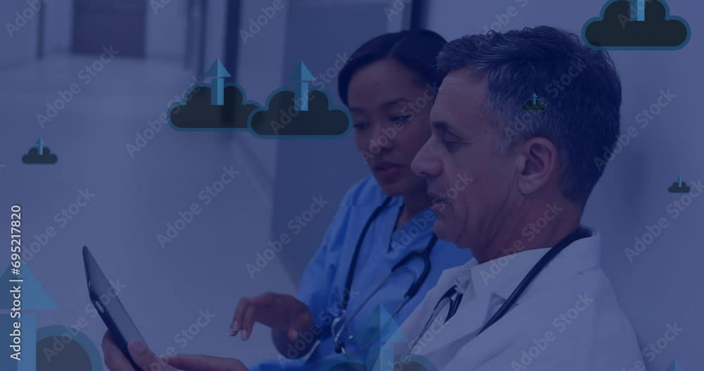Aufkleber animation of network of connections with icons over diverse doctors using tablet