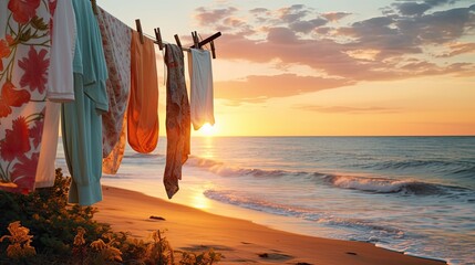 beach towels and laundry hung on a line at sunset