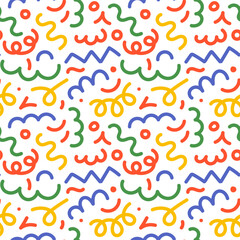 Cute hand drawn colorful line doodle squiggle seamless pattern. Creative minimalist style art background for kids or trendy design with basic shapes. Simple childish scribble swirls.