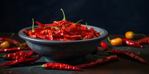 red hot chili peppers,A full plate of dried chili peppers,Biquinho pepper into a bowl. capsicum chinense over a wooden table.,Red hot chilli peppers on wooden background, latin term capsicum frutescen - obrazy, fototapety, plakaty