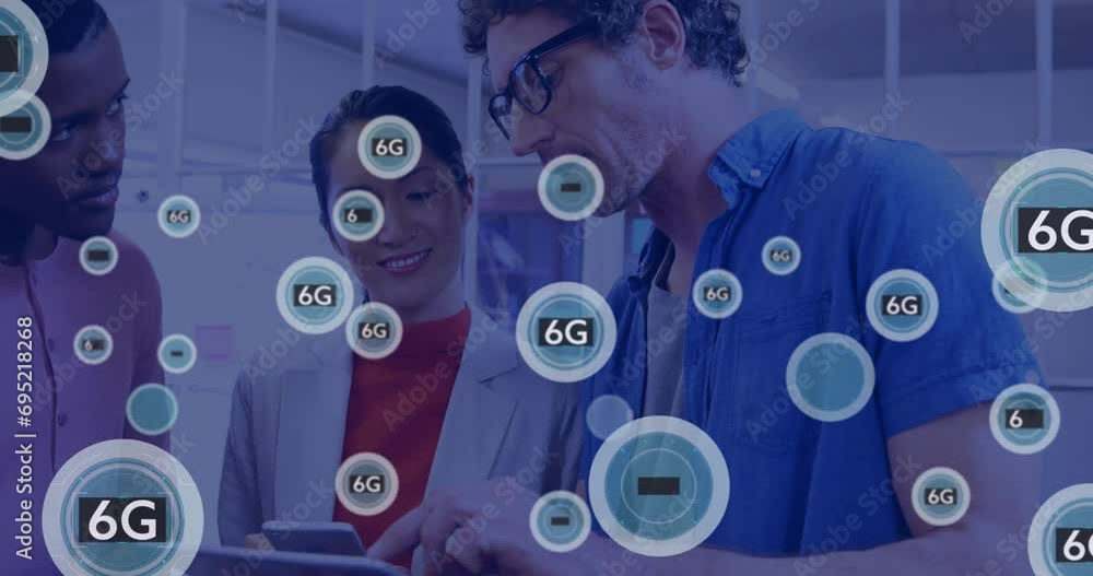 Poster animation of network of connections with icons over diverse people using tablet
