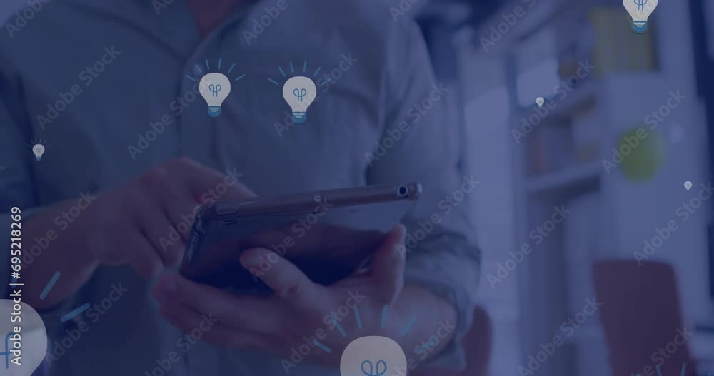 Poster animation of network of connections with icons over caucasian businessman using tablet
