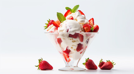 Delicious ice cream with strawberries in a glass vase on a white background. Made with generative ai