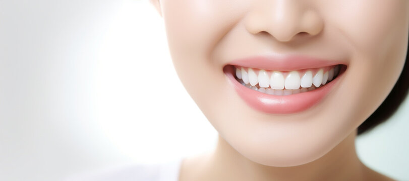 Perfect white teeth smile of young woman with glossy lips, close up. The result of the teeth whitening procedure. Oral care dentistry concept. Tooth whitening, female toothy veneer smile. Stomatology