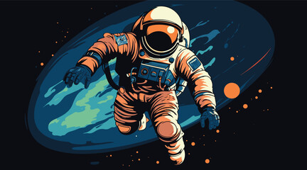 Space Exploration Vector vector illustration of an astronaut floating in space with the Earth in the background, showcasing the beauty and vastness of the cosmos.