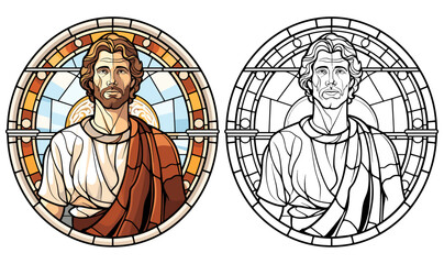 Handsome Roman Man in Toga Stained Glass Style with Presents Coloring Page and Cover Design on a White Background - obrazy, fototapety, plakaty