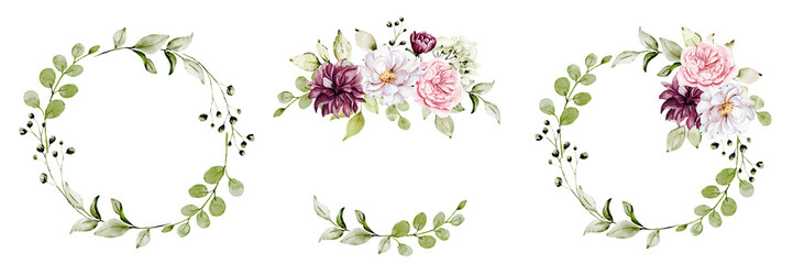 Wreaths, floral frames, watercolor flowers pink peonies and roses, Illustration hand painted, iIsolated on white background. Perfectly for greeting card design. - obrazy, fototapety, plakaty