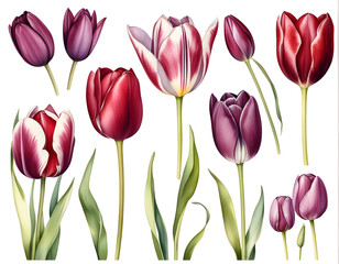 Purple and red tulips in watercolor on white background.