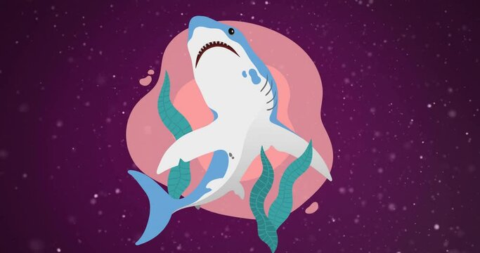 Animation of shark and water plant over particles on dark background