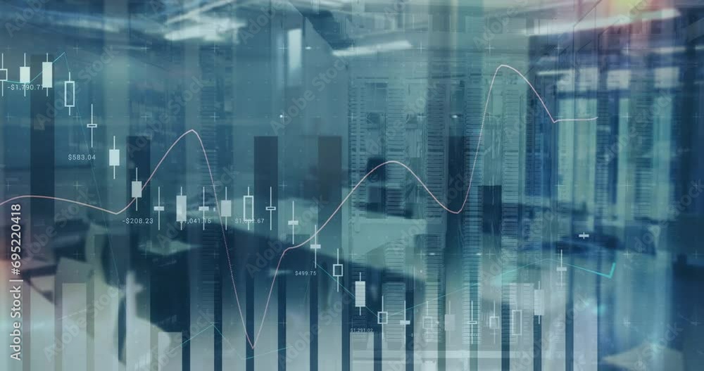 Poster animation of data processing on graph over empty office space