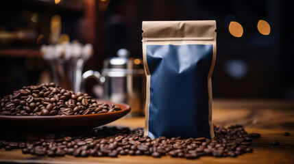 A Dark Blue coffee paper bag packaging mockup with spilled coffee beans on a coffee table, a mockup...
