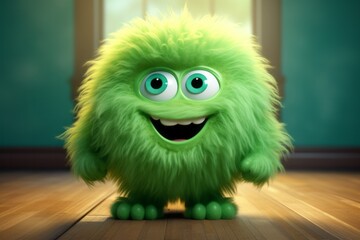 Cute green furry monster 3D cartoon character